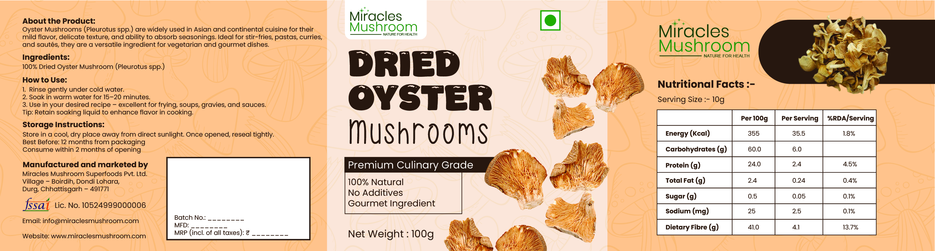 Miracles Mushroom's Dried Oyster Mushrooms 100g